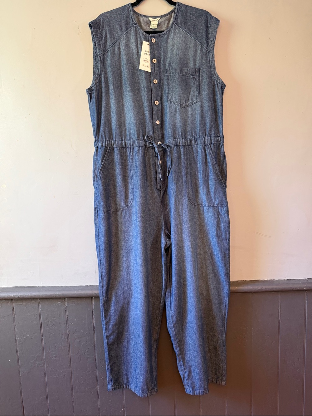 Jordache Sleeveless Denim-Style Drawstring Jumpsuit - Dark Blue